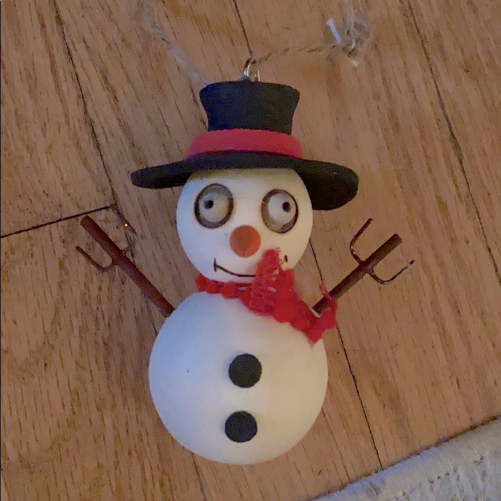 Spooky holiday Snowman wood ornament